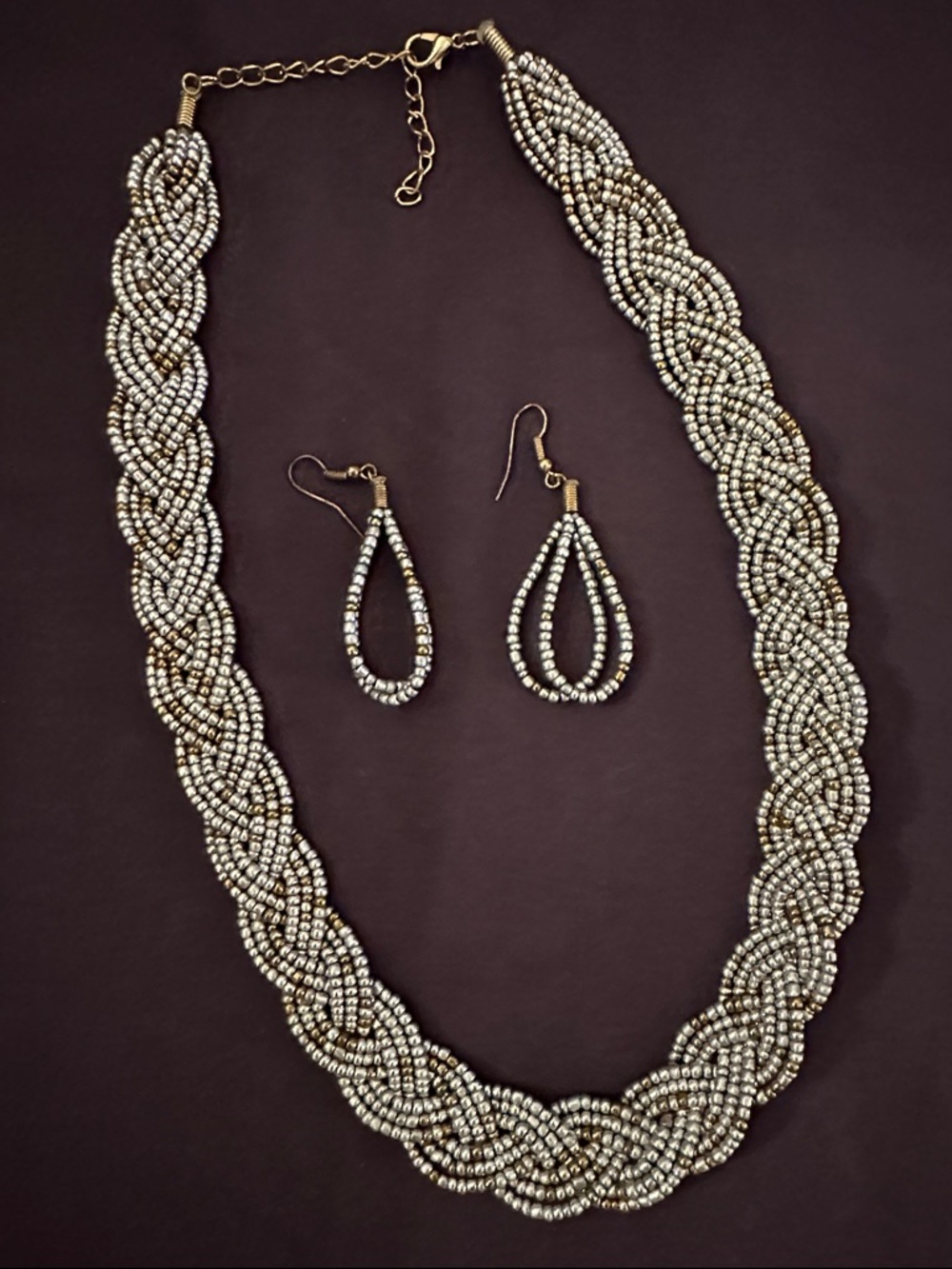 Braided Seed Bead Necklace and Teardrop Earrings — Silver & Gold